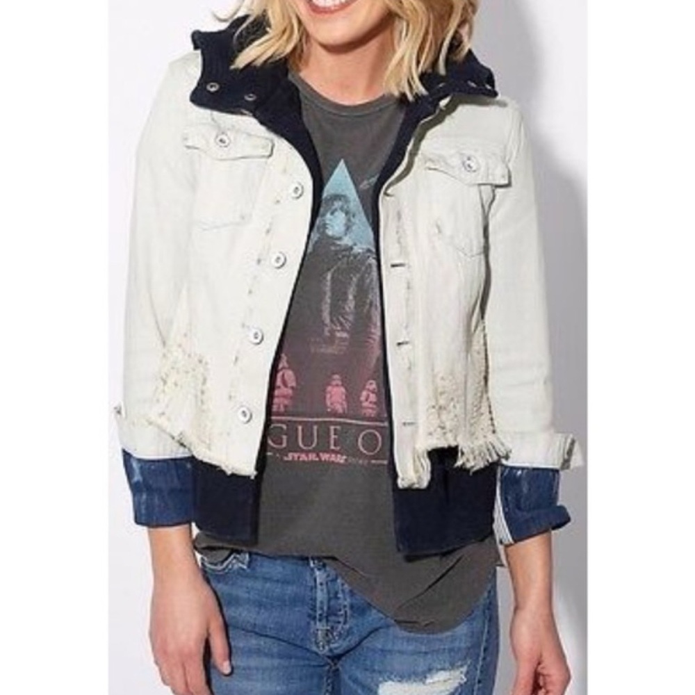 Free People Double Weave Distressed Denim Jacket Fleece Layer With Hood Sz S